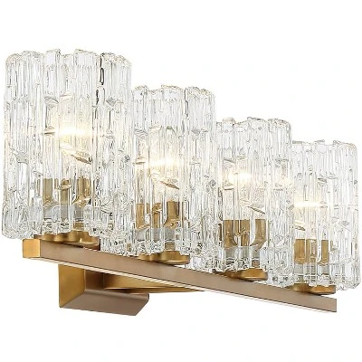 Possini Euro Design Icelight Modern Wall Light Warm Brass Hardwire 36" 4-Light Fixture Textured Ice Glass For Bedroom Bathroom Vanity Living Room 6 Possini Euro Design Icelight Modern Wall Light Warm Brass Hardwire 36" 4-Light Fixture Textured Ice Glass For Bedroom Bathroom Vanity Living Room - Image 4