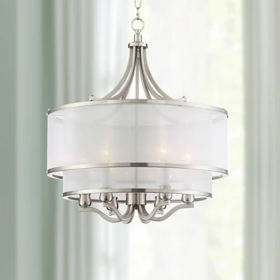 Possini Euro Design Nor Brushed Nickel Pendant Chandelier 23" Wide Modern Double White Organza Shade 6-Light Fixture For Dining Room Kitchen Island 3 Possini Euro Design Nor Brushed Nickel Pendant Chandelier 23" Wide Modern Double White Organza Shade 6-Light Fixture For Dining Room Kitchen Island