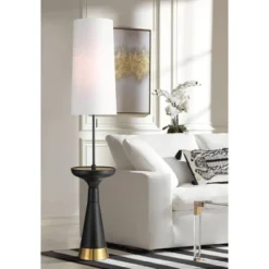 Possini Euro Design Otis Mid Century Modern 66" Tall Standing Floor Lamp Tray Table Pull Chain Black Gold Metal Living Room Bedroom House Reading