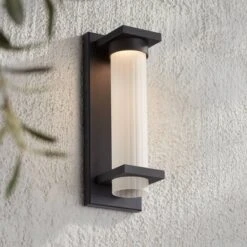 Possini Euro Design Kathleen 14" High Modern Outdoor Wall Light Fixture Mount Porch House Exterior LED Bulb Weatherproof Sand Black Metal Glass Shade