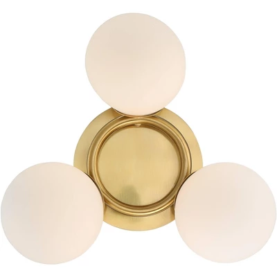 Possini Euro Design Modern Ceiling Light Flush Mount Fixture Brass 18" Wide 3-Light Frosted White Glass Globes Bedroom Living Room 5 Possini Euro Design Modern Ceiling Light Flush Mount Fixture Brass 18" Wide 3-Light Frosted White Glass Globes Bedroom Living Room - Image 3