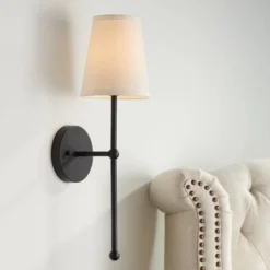 Possini Euro Design Elena Modern Wall Light Sconce Matte Black Metal Hardwire 6" Fixture Cream Linen Shade For Bedroom Reading Living Room House Home
