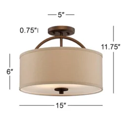 Possini Euro Design Halsted Modern Ceiling Light Semi Flush Mount Fixture 15" Wide Brushed Bronze 2-Light Oatmeal Linen Drum For Bedroom Living Room -Possini Euro Design GUEST e5bf1d50 3cce 4c97 b879 a7c9c7d06c70