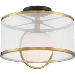 Possini Euro Design Carlyn Modern Art Deco Ceiling Light Semi Flush Mount Fixture 14" Wide Warm Brass Black Orb Organza Drum Shade For Bedroom Kitchen -Possini Euro Design GUEST e6269b9b 9176 4435 9395 c5ba601a29d1