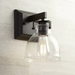 Possini Euro Design Bellis Industrial Modern Wall Light Sconce Bronze Hardwire 6" Fixture Clear Glass Shade For Bedroom Bedside Bathroom Vanity Home