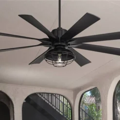 Possini Euro Design 39 60" Possini Euro Design Defender Modern Industrial Indoor Outdoor Ceiling Fan LED Light Remote Matte Black Damp Rated Patio House
