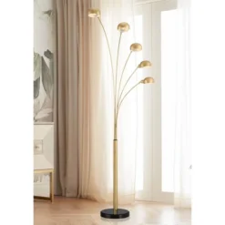 Possini Euro Design Infini Mid Century Modern 78" Tall Standing Floor Lamp Large Arc 5-Light Adjustable Gold Marble Brushed Brass Finish Living Room