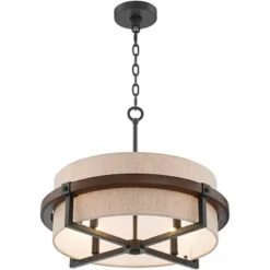 Possini Euro Design Bronze Wood Finish Pendant Chandelier 22" Wide Rustic Farmhouse Tan Fabric Drum 4-Light Fixture For Dining Room House -Possini Euro Design GUEST f0d0f05a 32c1 47ab a51c ccb88a583cb8