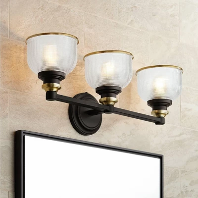 Possini Euro Design Poway Industrial Modern Wall Light Bronze Warm Brass Hardwire 24" 3-Light Fixture Textured Glass Bowl Shade For Bedroom Bathroom 10 Possini Euro Design Poway Industrial Modern Wall Light Bronze Warm Brass Hardwire 24" 3-Light Fixture Textured Glass Bowl Shade For Bedroom Bathroom - Image 8