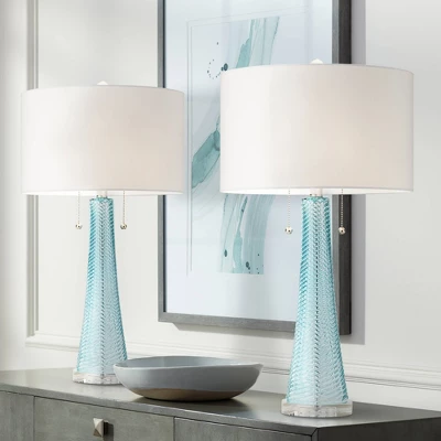 Possini Euro Design Modern Table Lamps 28.5" Tall Set Of 2 Light Sky Blue Fluted Glass White Drum Shade For Living Room Bedroom Office Family 3 Possini Euro Design Modern Table Lamps 28.5" Tall Set Of 2 Light Sky Blue Fluted Glass White Drum Shade For Living Room Bedroom Office Family