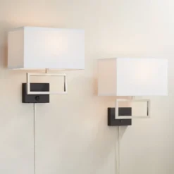 Possini Euro Design Trixie Modern Wall Lamps Set Of 2 Brushed Nickel Plug-in 12" Light Fixture Rectangular Fabric Shade For Bedroom Living Room Home