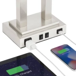 Possini Euro Design Amity Modern Table Lamp 26" High Brushed Nickel With USB And AC Power Outlet In Base White Linen Shade For Bedroom Bedside Desk -Possini Euro Design GUEST faab9f00 a01b 4be2 963c a37ffcd0f7f1