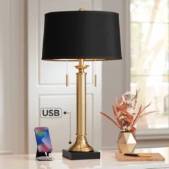 Possini Euro Design Wynne Traditional Table Lamp 30" Tall Warm Gold With USB Charging Port Black Drum Shade For Bedroom Living Room Bedside Nightstand