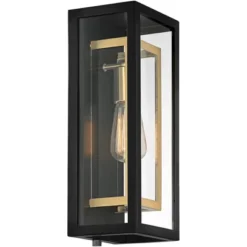 Possini Euro Design Double Box Industrial Outdoor Wall Light Fixture Matte Black Warm Brass 15 1/2" Clear Glass Post Exterior Barn Deck House Porch -Possini Euro Design GUEST fec4ade0 5979 44e4 8278 006751016cb5